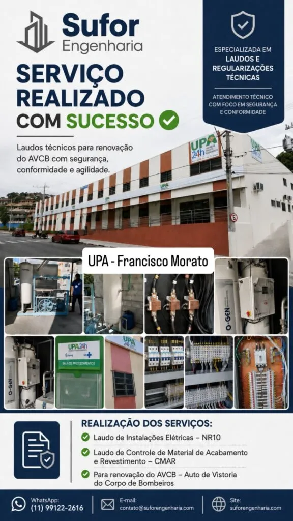 UPA Francisco Morato: laudos de instalações elétricas (NR-10), de materiais de acabamento (CMAR) e para renovação do AVCB