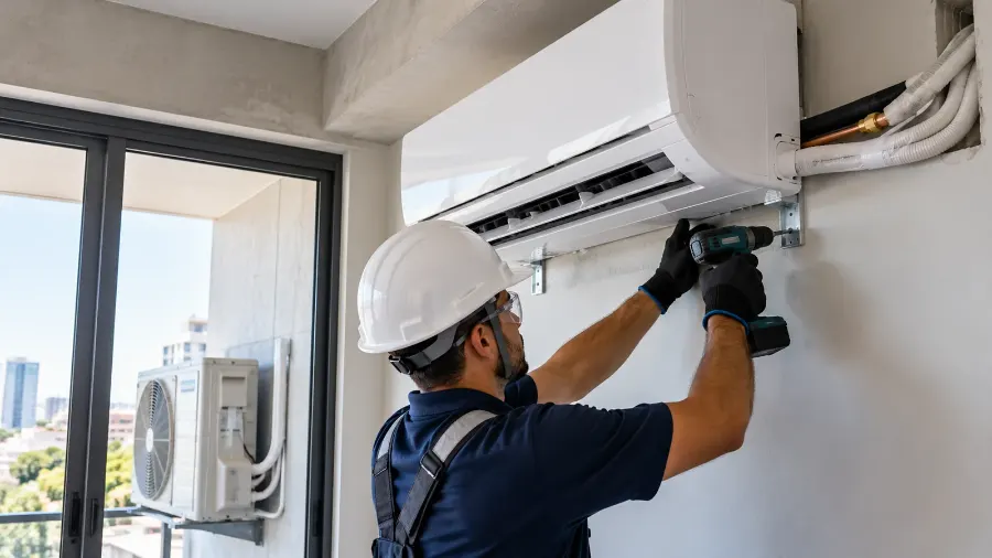 Técnico instalando ar-condicionado com ART