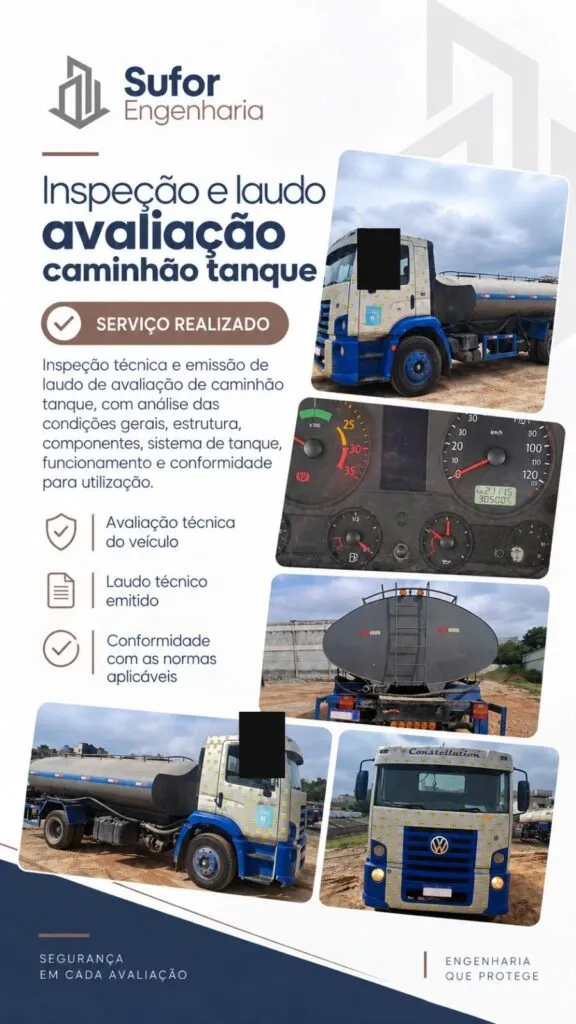 Inspeção e laudo de avaliação de caminhão tanque