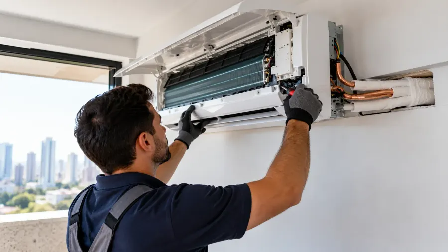 Engenheiro elaborando o PMOC de um sistema de ar-condicionado